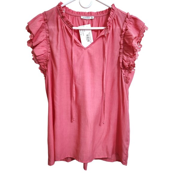 Staccato Tops - Staccato New Coral Pink Blouse Short Ruffled Sleeves Size L